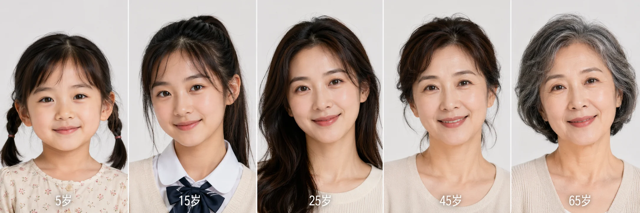 تسلسل أفقي لخمس صور لنفس المرأة الآسيوية في أعمار 5 و15 و25 و45 و65 مع ملامح متسقة