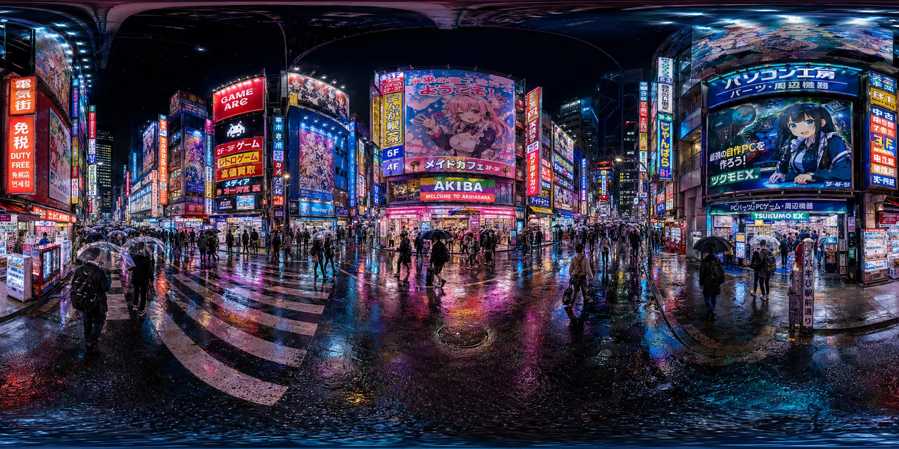بانوراما 360° متساوية المستطيلات لأكيهابارا طوكيو ليلاً مع لوحات نيون وشوارع مبتلة بالمطر