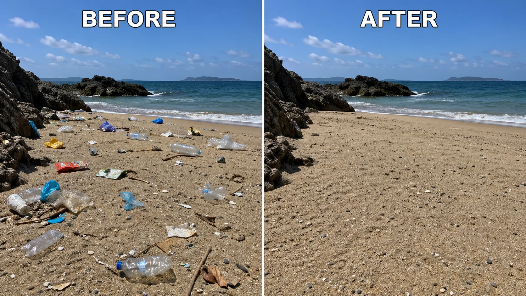مقارنة قبل-بعد توضح إزالة الكائنات: شاطئ مع قمامة ونفس الشاطئ نظيف تمامًا