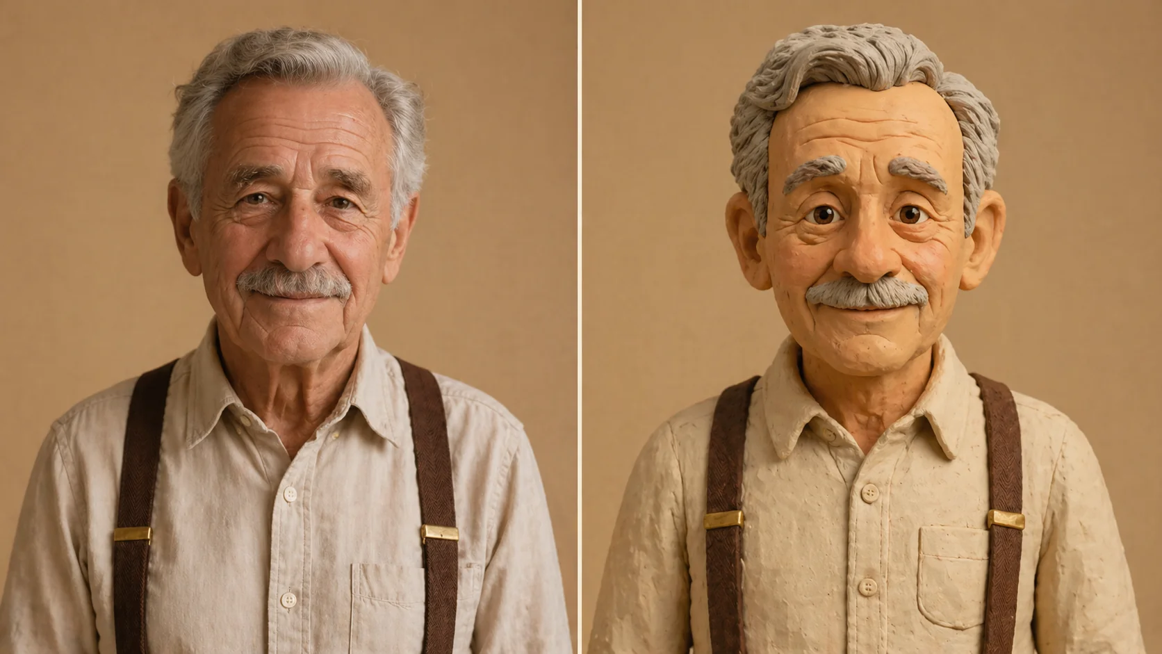 مقارنة جنبًا إلى جنب: صورة واقعية لجد كبير ونفس الشخص كتمثال صلصال