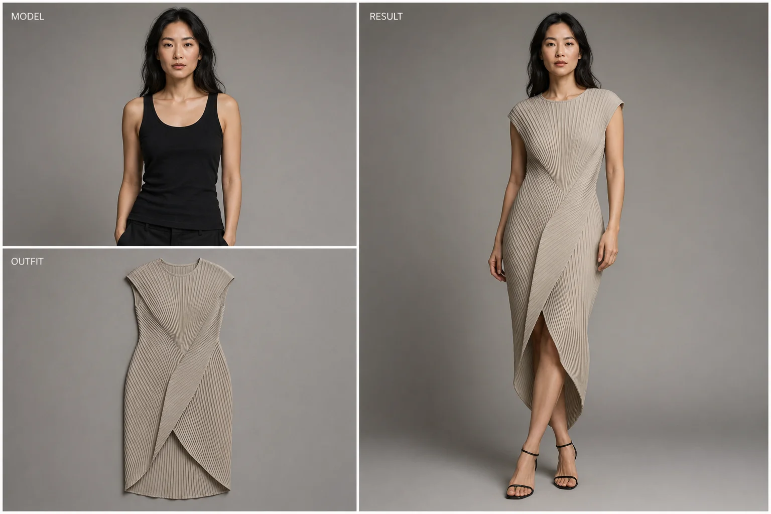 تجربة افتراضية للأزياء بالذكاء الاصطناعي ثلاثية: عارضة + زي + النتيجة النهائية