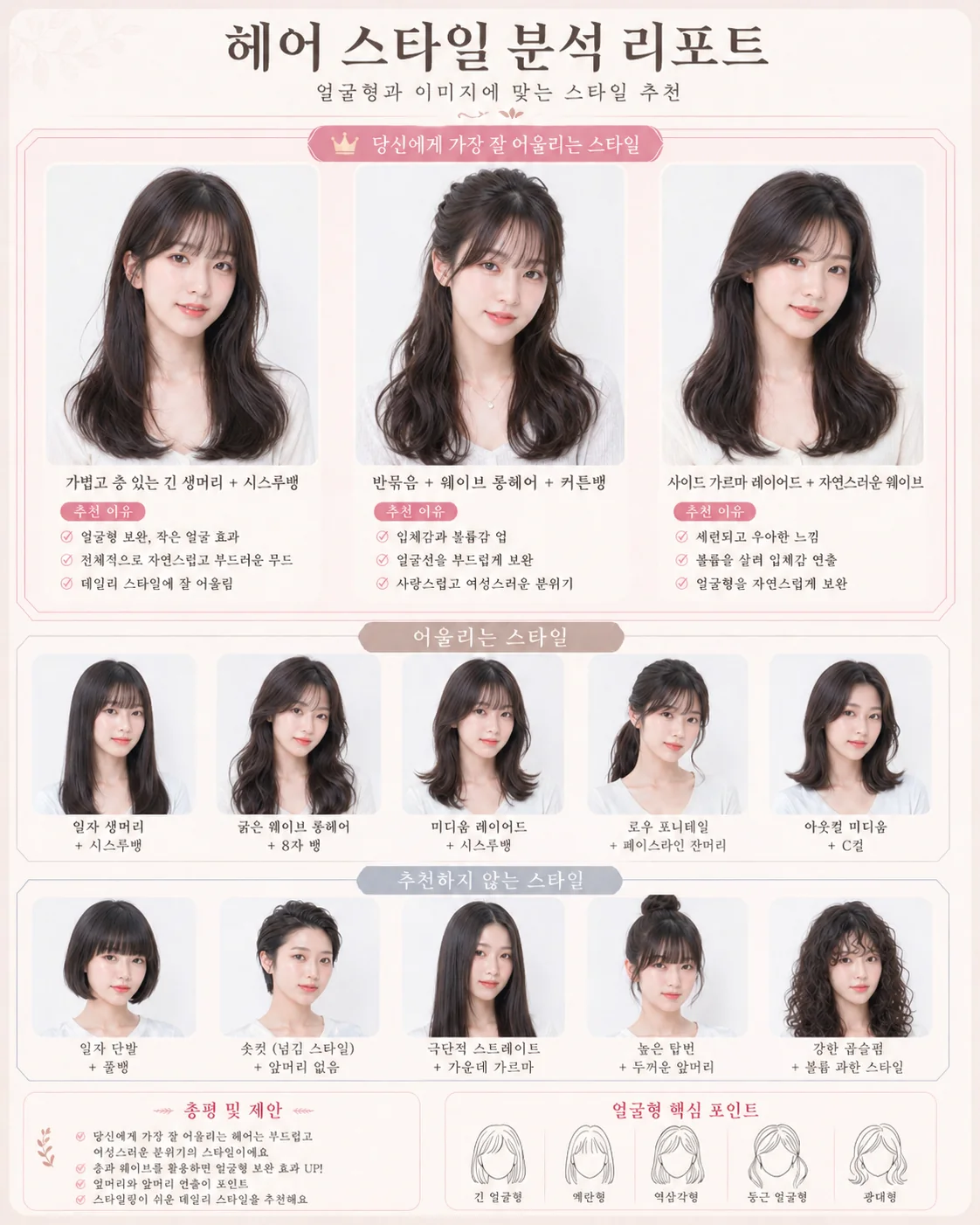 تقرير توصية تسريحات الشعر بالكورية يظهر تحليل شكل الوجه مع اقتراحات متعددة