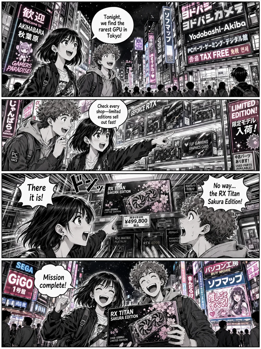 صفحة مانغا حديثة من 4 لوحات لصديقين يبحثان عن أندر GPU في أكيهابارا ليلاً