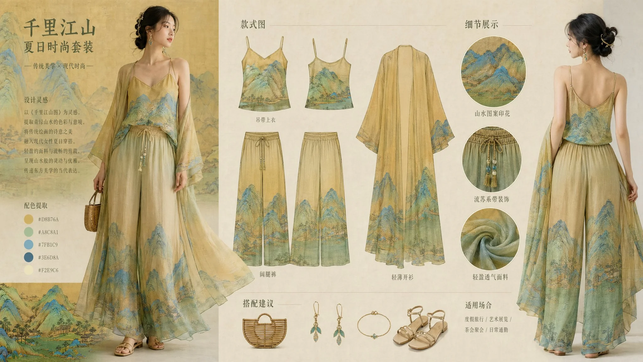 انتشار تحريري متعدد اللوحات لأزياء صينية لمجموعة الصيف ألف ميل من الجبال والأنهار مع مناظر العارضة ولقطات تفاصيل قريبة