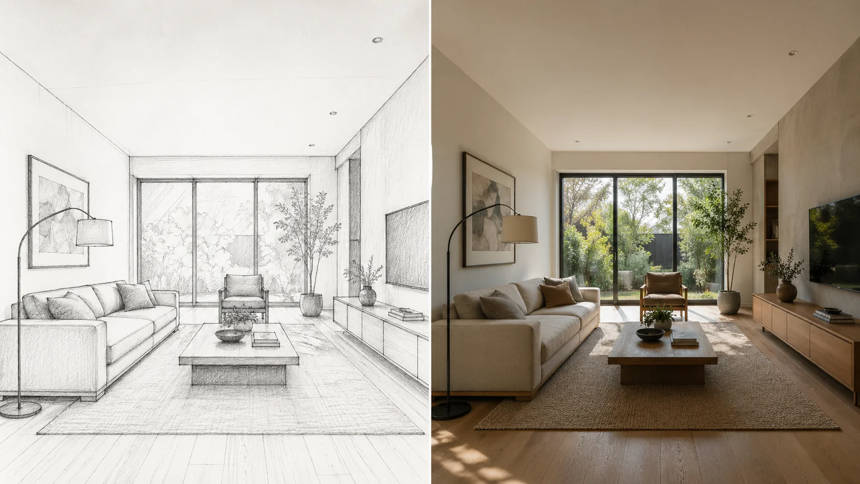 مقارنة جنبًا إلى جنب: رسم قلم رصاص معماري لغرفة معيشة ونفس الغرفة كصورة واقعية