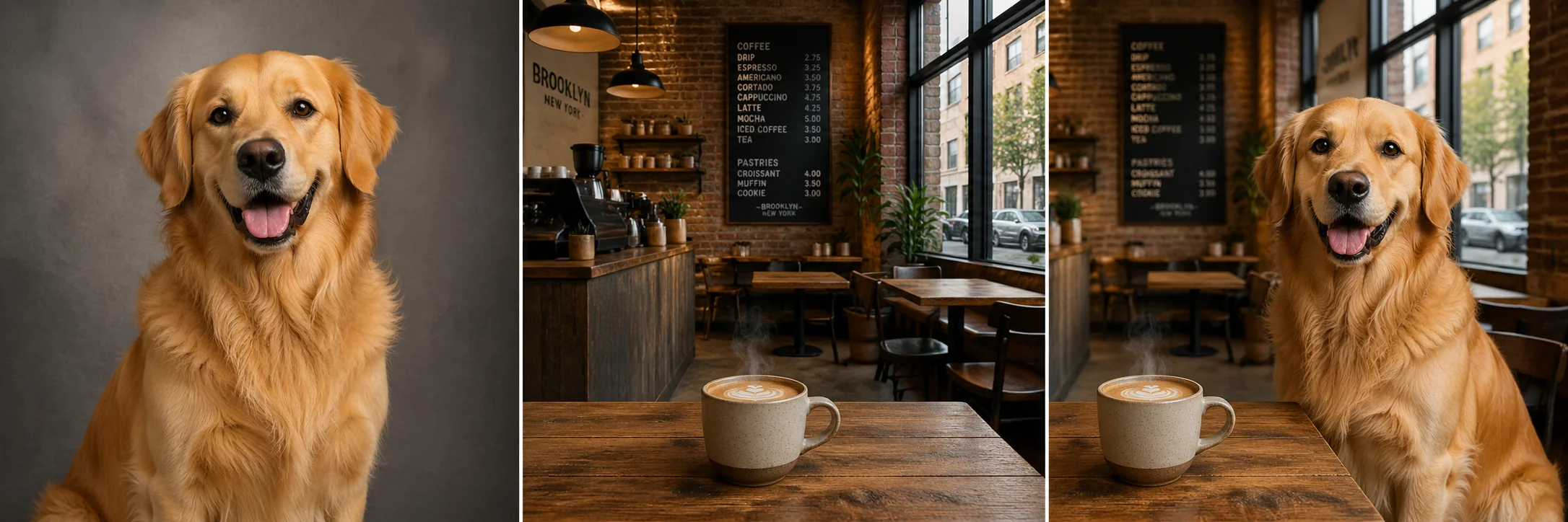 ثلاثية تظهر صورتين مصدرتين لكلب جولدن ريتريفر ومقهى بالإضافة إلى المشهد المركب النهائي