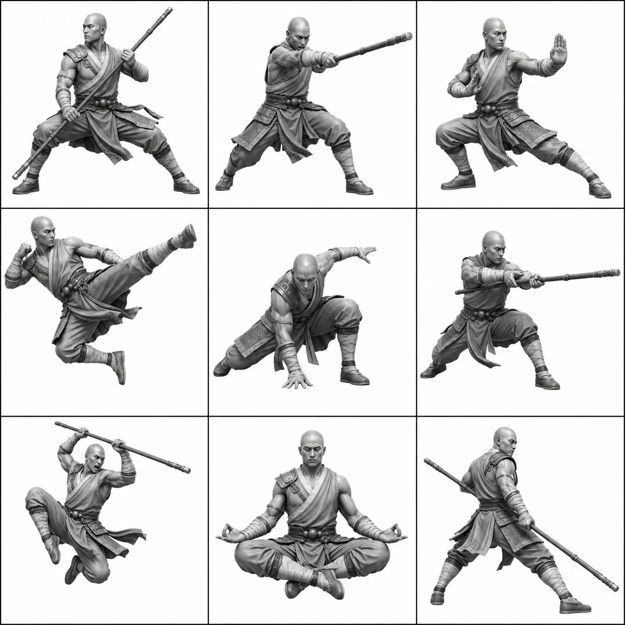 ورقة مرجعية رمادية نظيفة لشخصية راهب محارب في 9 وضعيات حركة مختلفة