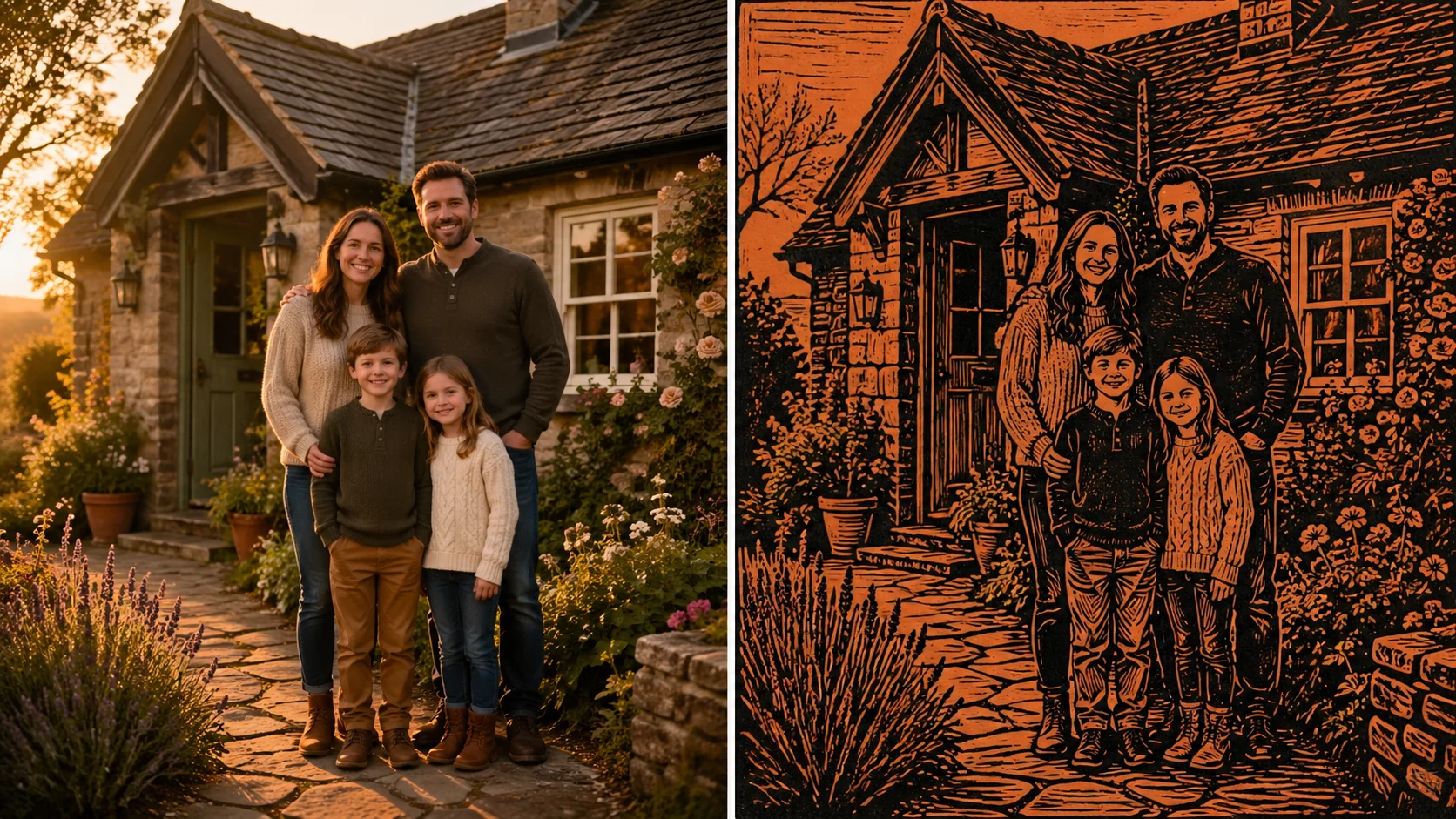 مقارنة جنبًا إلى جنب: عائلة واقعية في الكوخ ونفس المشهد كنقش خشبي