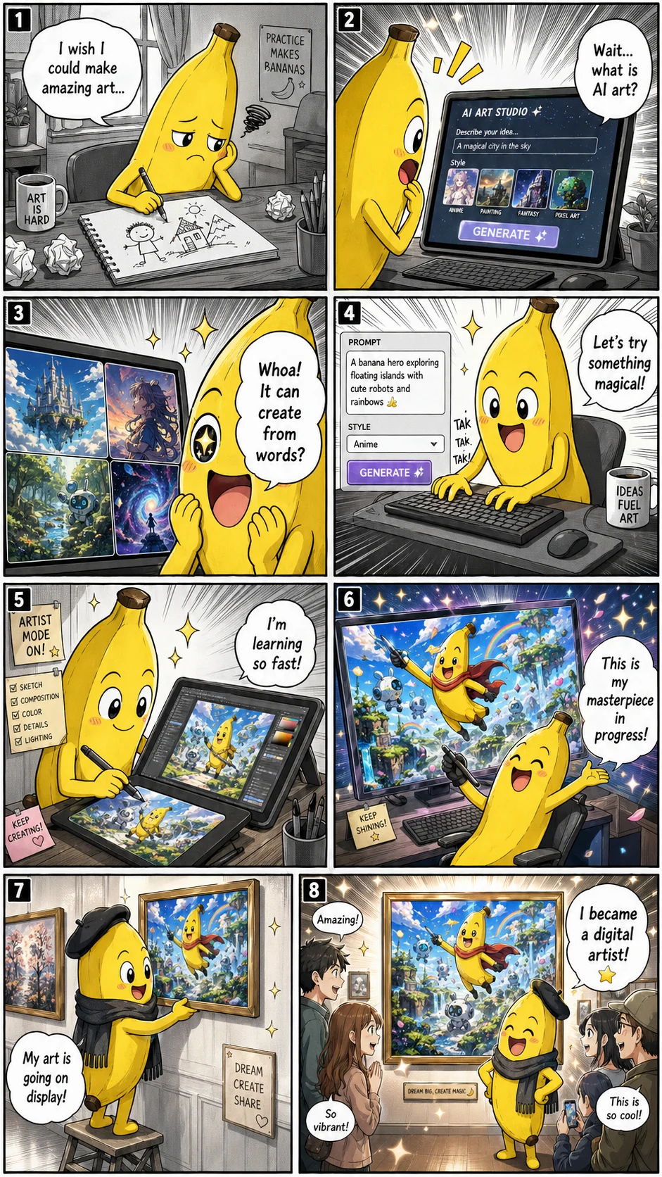 مانغا يابانية بثماني لوحات لشخصية موز صفراء تكتشف الذكاء الاصطناعي وتصبح فنانة رقمية