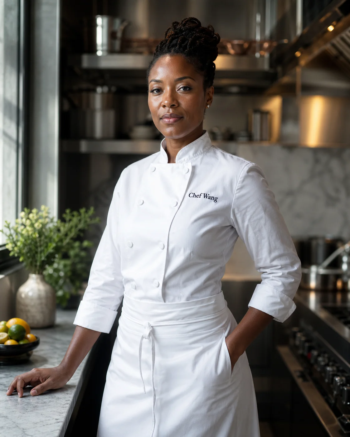 صورة تحريرية سينمائية لشيف ميشلان سوداء ترتدي معطفًا أبيض مطرزًا Chef Wang