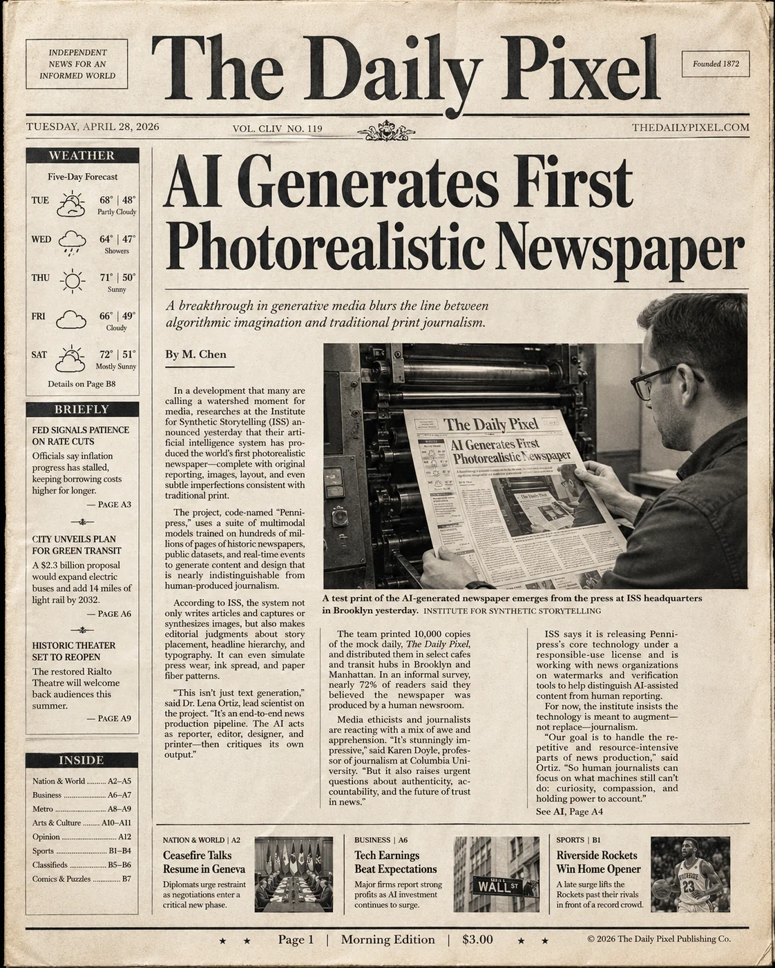 صفحة جريدة The Daily Pixel الأولى الخيالية مع عنوان رئيسي AI Generates First Photorealistic Newspaper وثلاثة أعمدة وشريط طقس