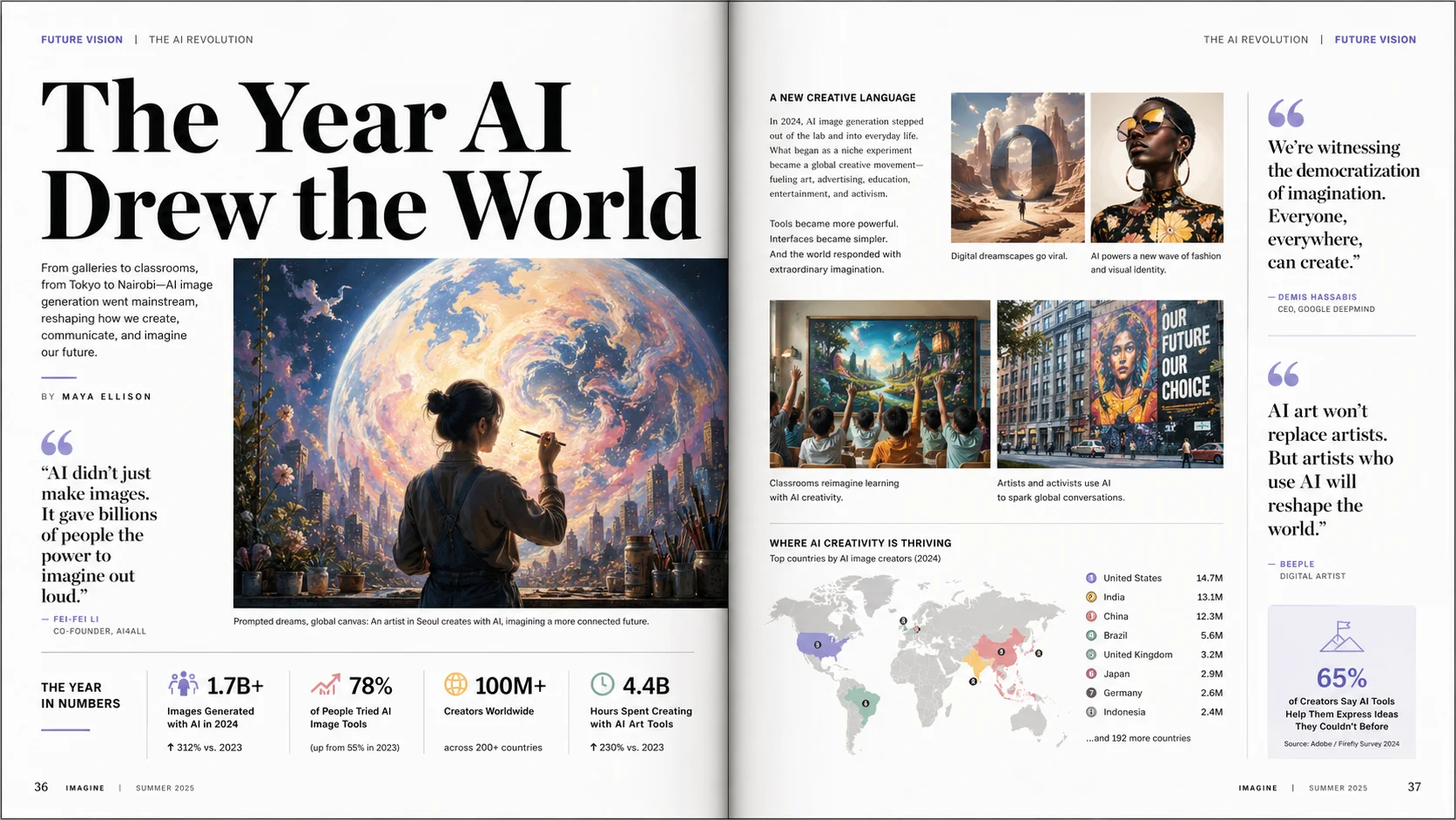 صفحة مجلة مزدوجة بعنوان The Year AI Drew the World مع صورة رئيسية واقتباسات وتعليقات إحصائية وخريطة صغيرة