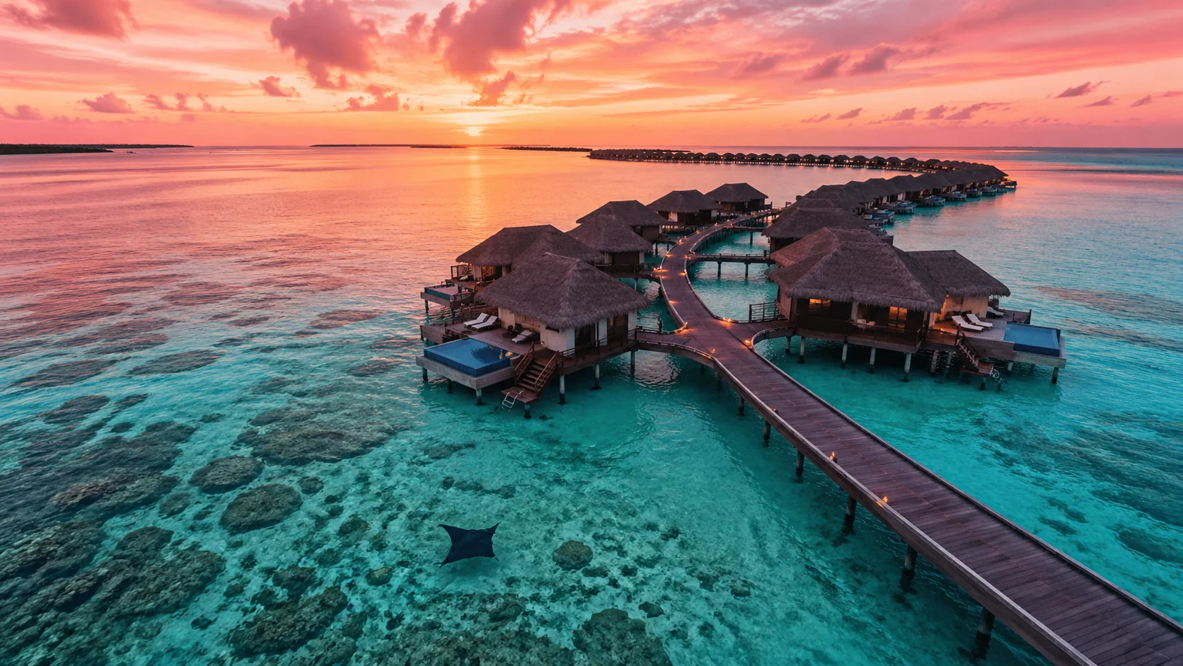 لقطة درون جوية لفلل المالديف فوق الماء عند الفجر مع بحيرة فيروزية بلورية وسماء ذهبية وردية