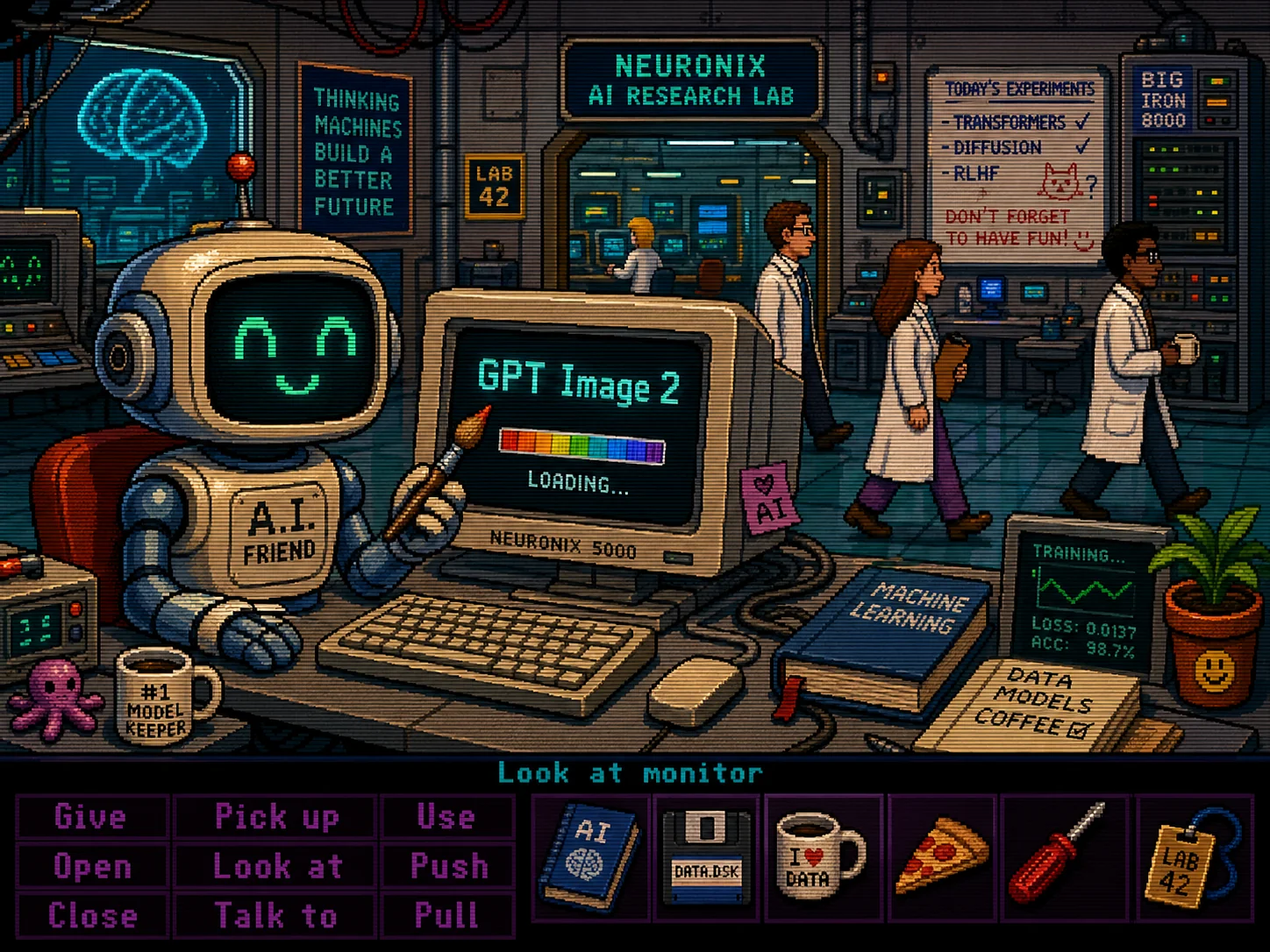 مشهد لعبة بكسل آرت 16-bit ريترو داخل مختبر AI مع روبوت يحمل فرشاة وشاشة CRT تعرض GPT Image 2