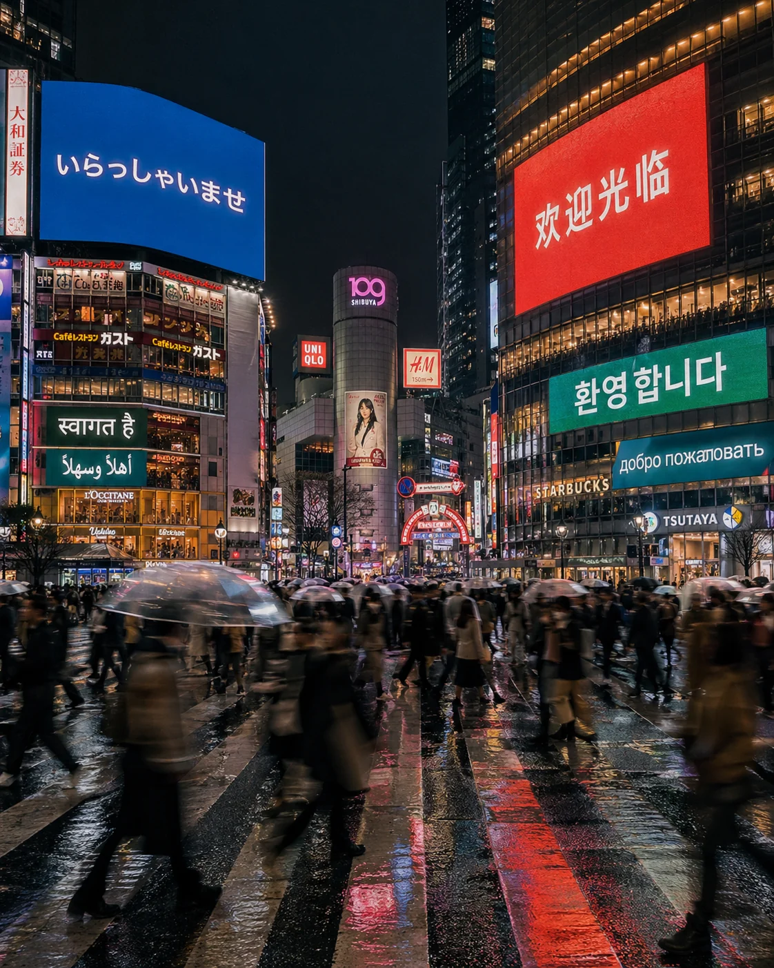 تقاطع شيبويا في طوكيو ليلاً مع لوحات إعلانية متعددة اللغات بالنيون باليابانية والصينية والكورية والهندية والعربية