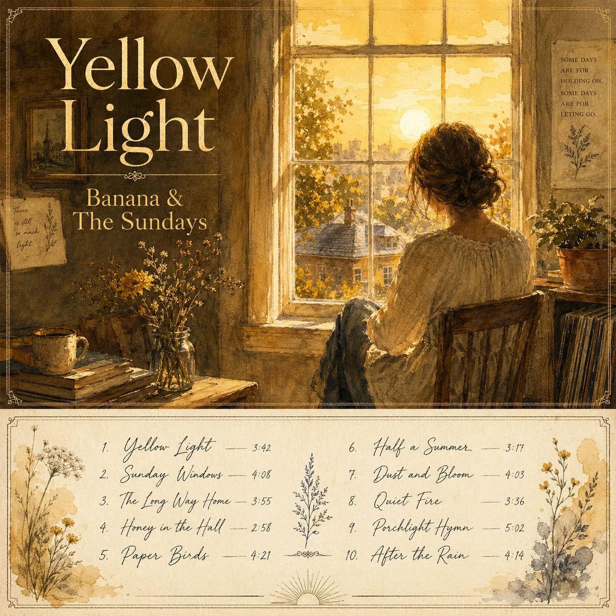 غلاف مربع لألبوم إندي فولك Yellow Light من Banana and The Sundays مع شخصية مائية وقائمة مسارات