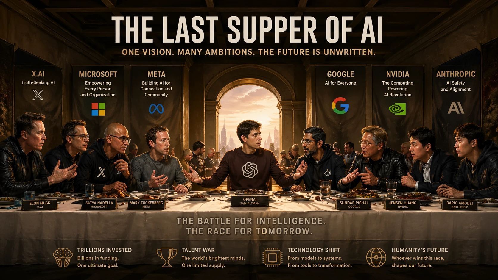 Creative poster reimagining The Last Supper with AI company CEOs and logos
