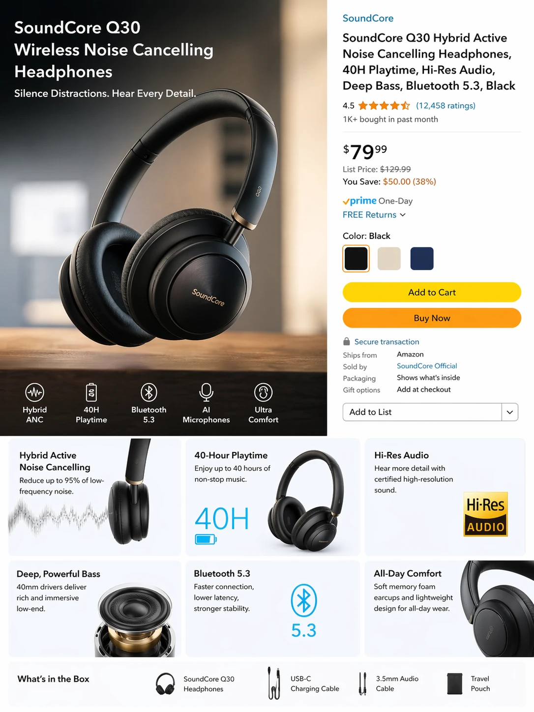 Amazon-style product listing page for wireless noise-cancelling headphones