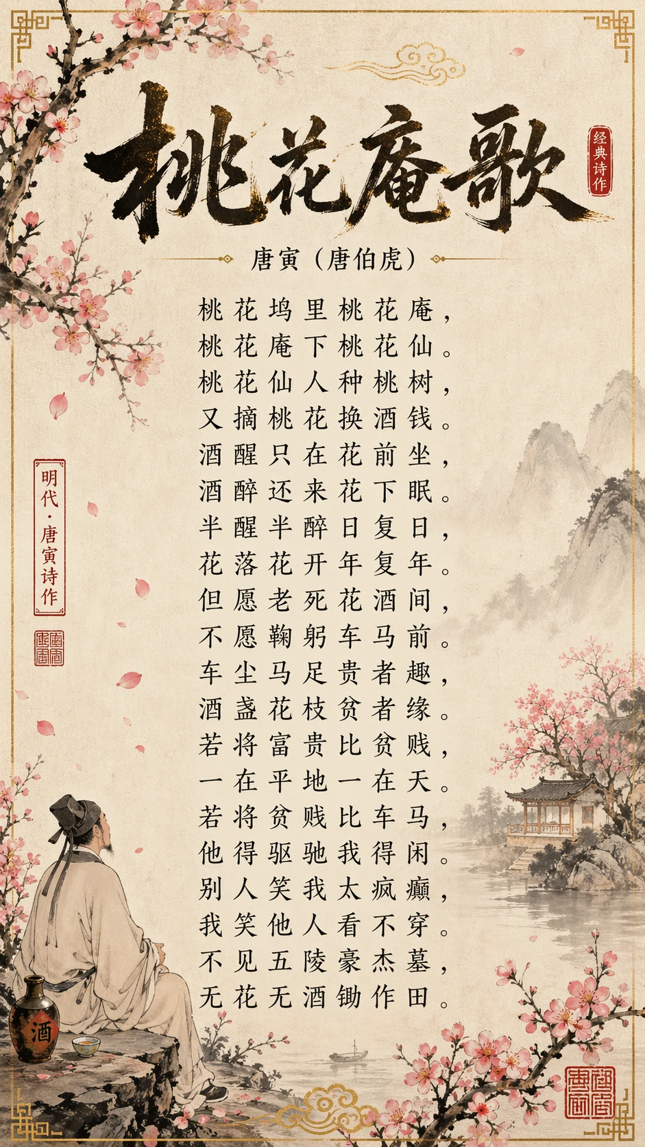 Classical Chinese poem poster with ink-wash illustration and vertical calligraphy