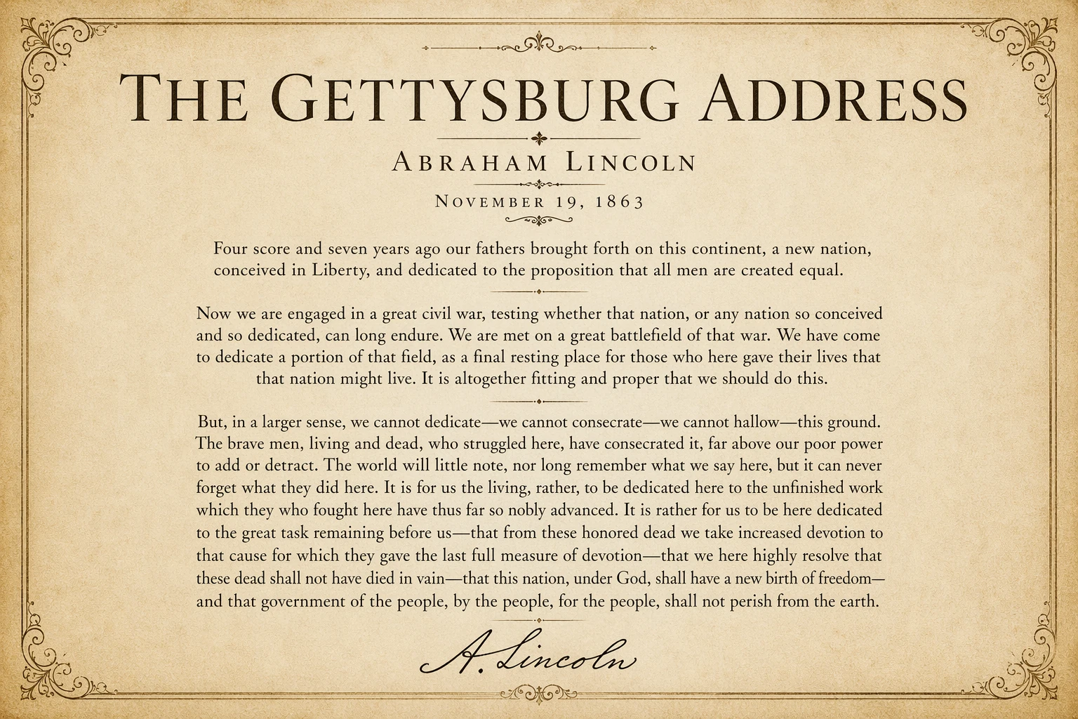 Editorial poster featuring the full text of Abraham Lincoln's Gettysburg Address