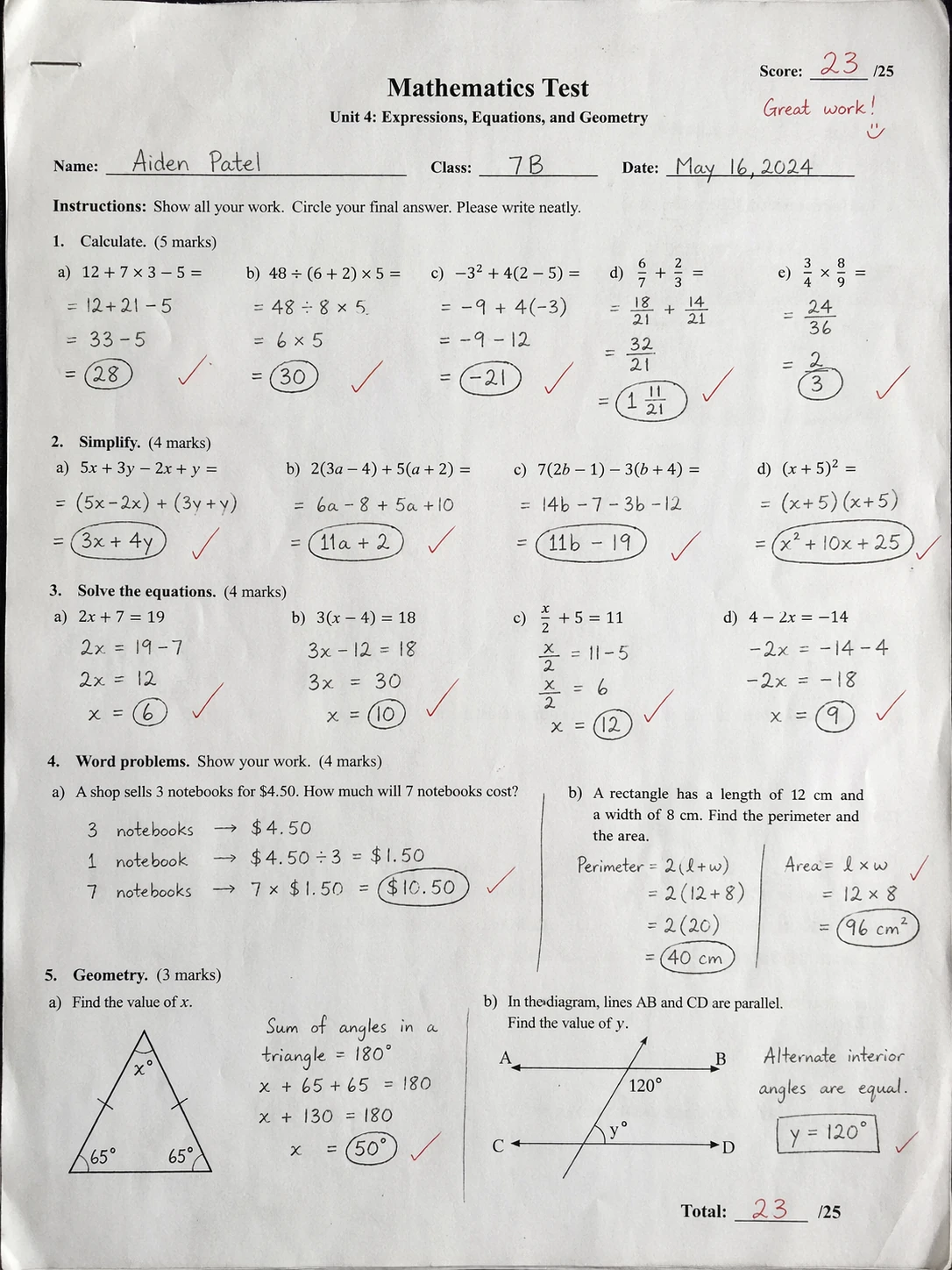 Realistic handwritten math test in scanned paper style with red-pen corrections