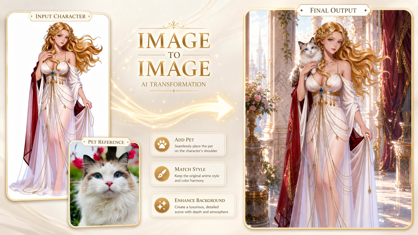 Demo imagem para imagem IA fundindo um personagem com foto de gato em nova ilustração