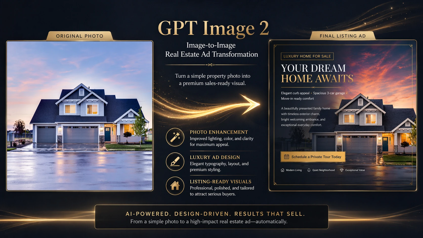 Demo imagem para imagem IA convertendo foto de imóvel em anúncio profissional