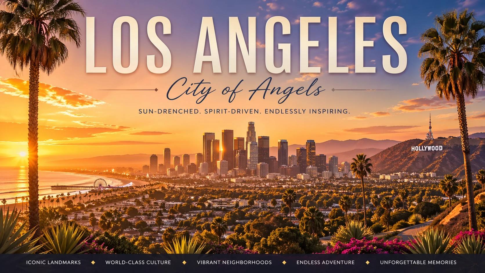 Pôster de viagem Los Angeles gerado por IA com o letreiro Hollywood ao pôr do sol