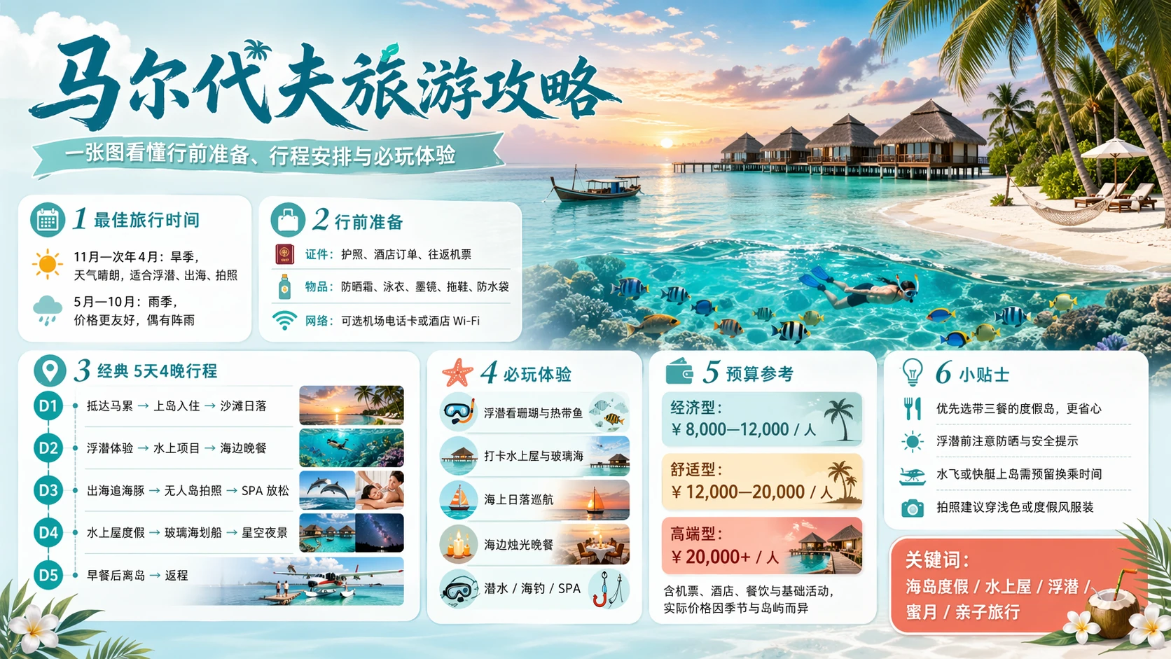 Pôster de guia de viagem para Maldivas gerado por IA com melhor época, roteiros, atividades e orçamento