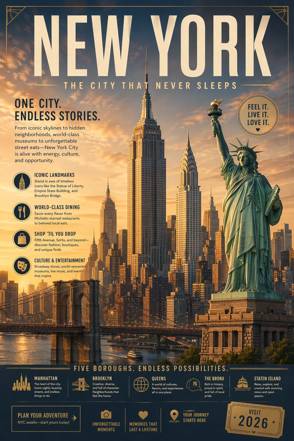 Pôster de viagem Nova York gerado por IA com a Estátua da Liberdade e o Empire State