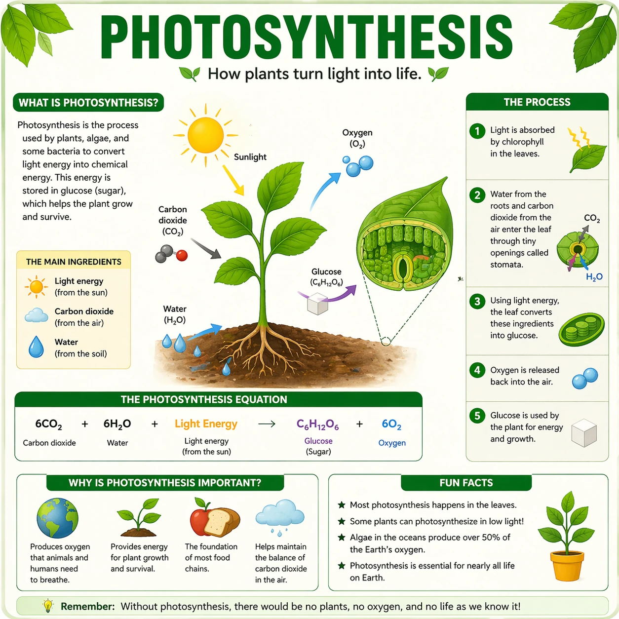 Science infographic about photosynthesis with diagrams, equations and step-by-step process