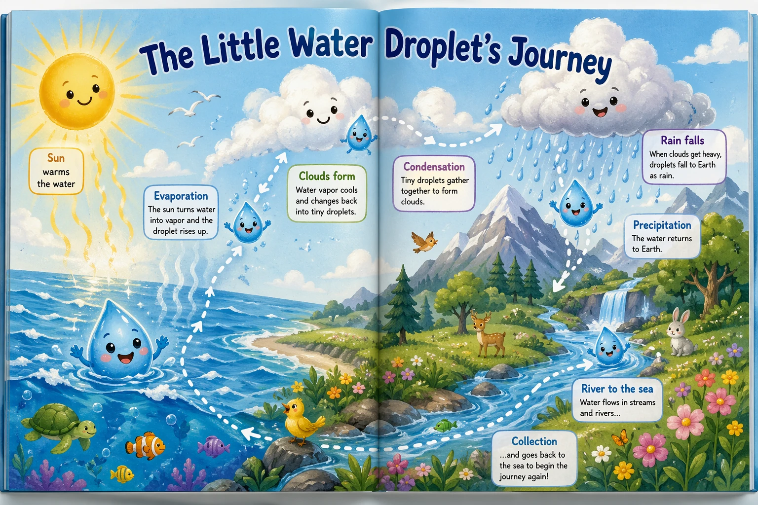 Página dupla de livro infantil gerada por IA ilustrando a jornada de uma gota no ciclo da água