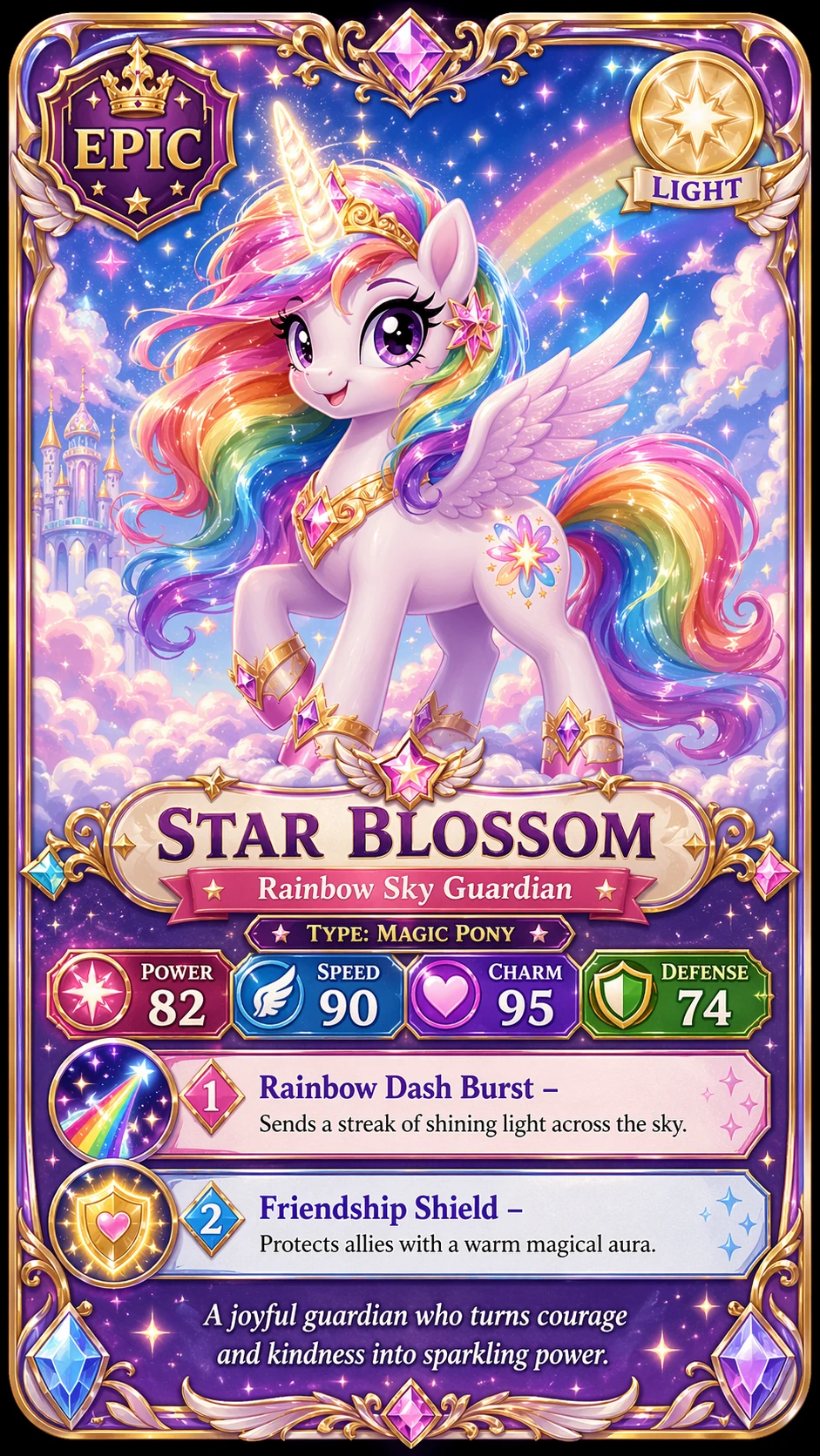 Carta colecionável estilo My Little Pony gerada por IA com estatísticas, habilidades e ilustração arco-íris