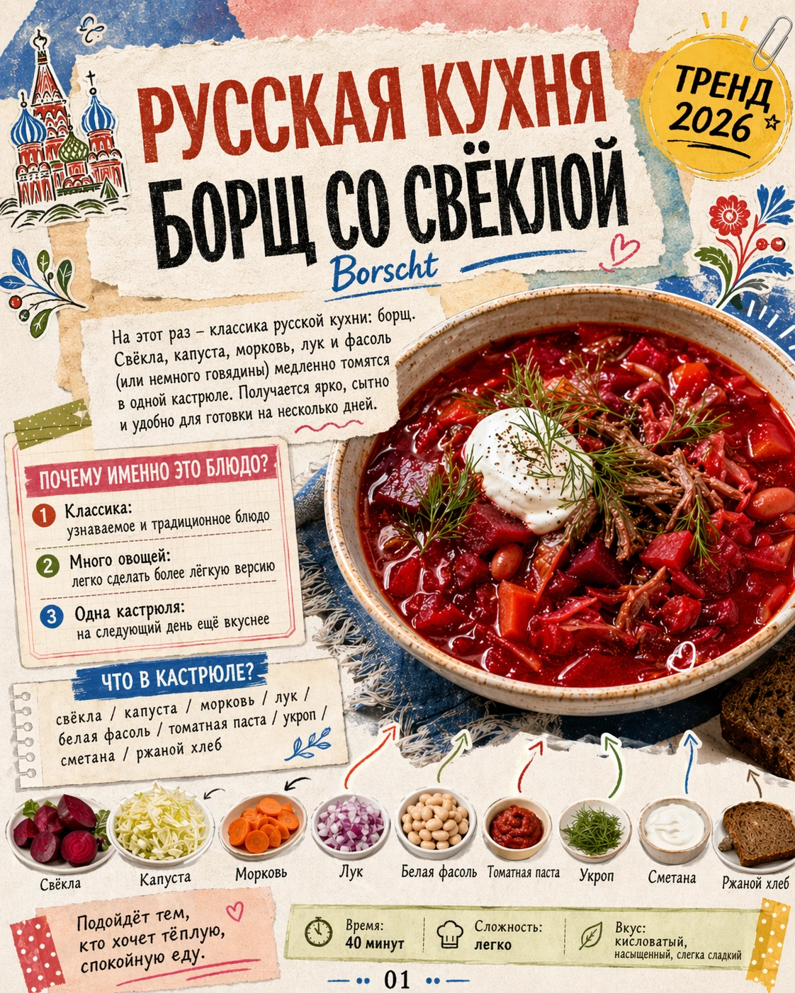 Vintage Russian-language recipe poster for borscht with Cyrillic typography