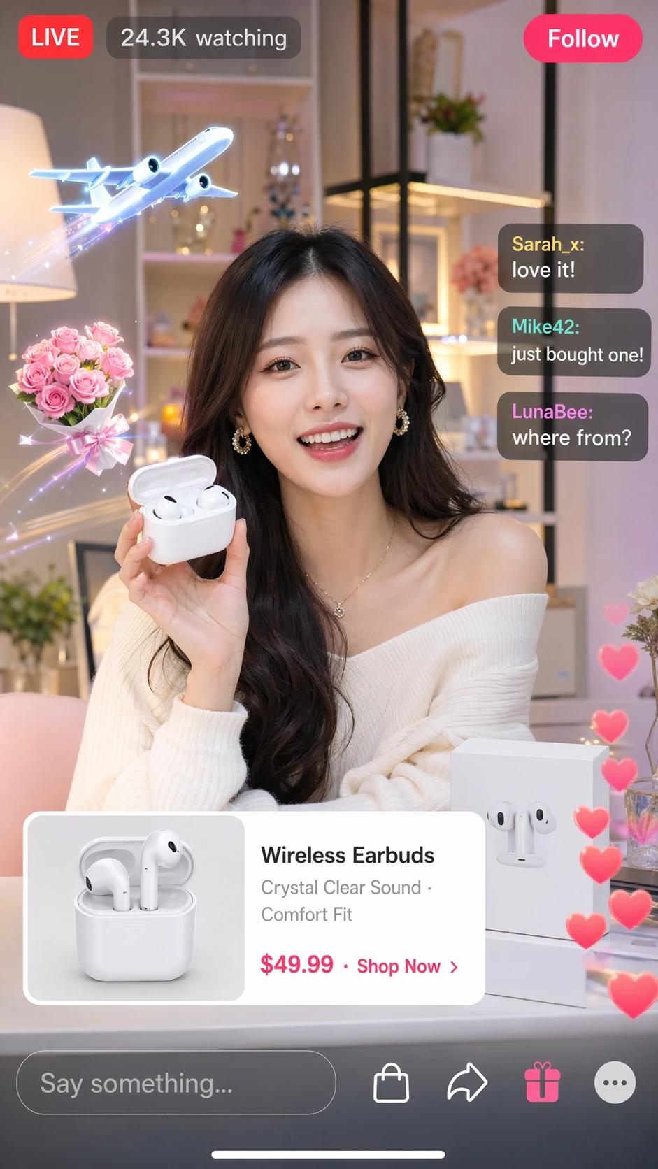Captura de live shopping TikTok gerada por IA mostrando fones de ouvido sem fio
