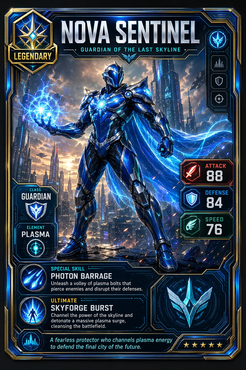 Carta colecionável sci-fi gerada por IA com herói lendário e atributos