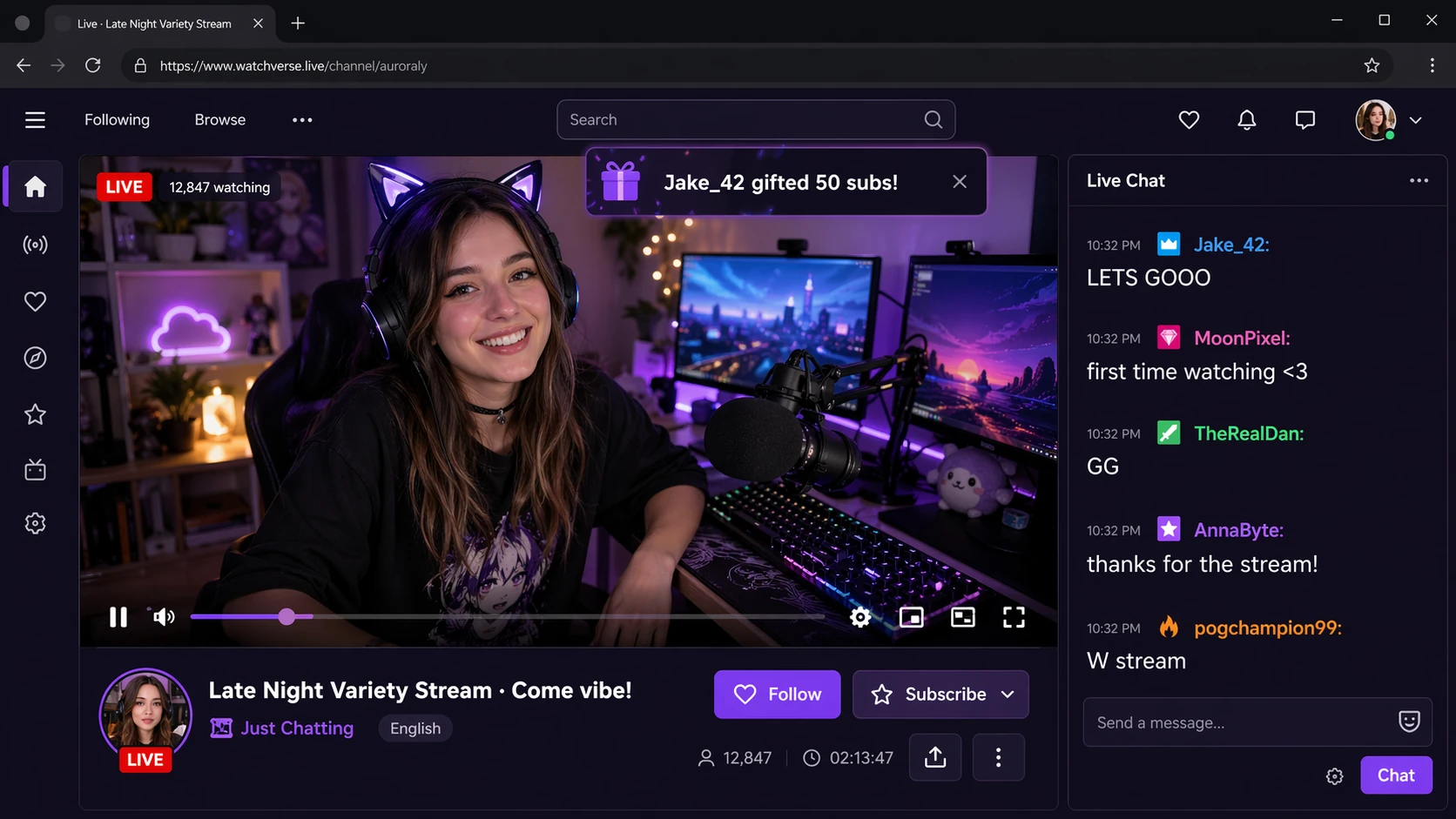 Mockup de interface de transmissão ao vivo do Twitch gerado por IA com chat e contagem de espectadores